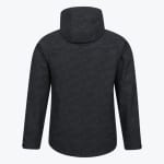 Back view of a dark grey hooded jacket with a subtle camo pattern on a white background.