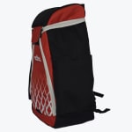 A side-angle view of a red and black addos sports backpack with a white net-like pattern on the front pocket against a plain white background.