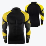 Front and back views of a tight-fitting black and yellow long-sleeve compression shirt with a mock neck and superhero-themed sleeve details.