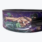 Close-up of a purple and green custom weightlifting belt featuring anime artwork of Roronoa Zoro from One Piece with a black lever buckle.