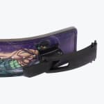 Close-up of a black metal lever buckle on a purple anime-themed weightlifting belt featuring Roronoa Zoro.