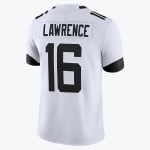 Back view of a white football jersey with the name LAWRENCE and number 16 in black.