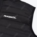 Close-up of a black quilted puffer vest featuring the white printed text PRAGMATIC.
