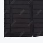Close-up of a black quilted puffer jacket with horizontal stitching and a zipper.