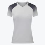 A front view of a womens white athletic t-shirt with dark grey to light grey gradient raglan sleeves and a V-neck, displayed against a plain white background.