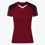 A womens athletic t-shirt in maroon with black shoulders and a white V-neck collar insert, shown against a plain white background.
