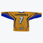 Back view of a yellow and blue sports jersey with the name Chippendale and number 7.