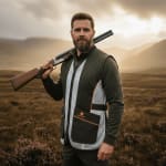 A bearded man in a green shooting vest holds a shotgun over his shoulder in a misty, hilly landscape.