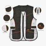 An olive green and white mesh Hawkvest shooting vest with orange trim, shown with five circular callouts pointing to its key features: padded shoulders, cotton twill, polymesh fabric, YKK zipper, and custom embroidery.