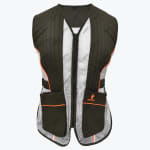 An olive green and white mesh shooting vest with orange trim, large front pockets, and a zipper closure, displayed against a plain white background.