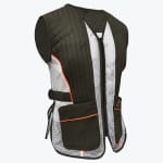 An olive green and white mesh shooting vest with orange piping details, shown on a white background.