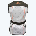 The back of a white mesh shooting vest with dark green shoulder panels, orange piping, and an orange Hawkvest logo.