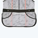 Close-up of a white mesh Addos training vest with a black waist strap, black-trimmed pockets, and orange vertical stripes.