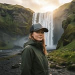 A close-up portrait of a woman wearing a green jacket and cap, with the large Skógafoss waterfall and green cliffs of Iceland in the background under a golden sky.