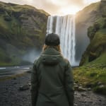Back view of a person in a green hooded jacket and black cap looking at a massive waterfall flowing down a mossy green cliff.