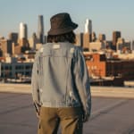 A person in a denim jacket and bucket hat stands on a rooftop, looking out at a city skyline during golden hour.