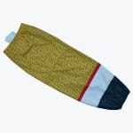 A sublimated hockey sock with a gold glitter pattern, red and white stripes, and a navy blue cuff, shown on a white background.