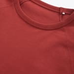 Close-up of a rust-colored crew neck t-shirt showing the ribbed collar, raglan seam, and smooth fabric texture.
