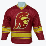 Cardinal red hockey jersey with a gold and red Trojan head logo on the chest, featuring gold and white stripes on the sleeves and hem.