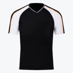 A front view of a black short-sleeved athletic t-shirt with white raglan sleeves, featuring a V-neck collar with white trim and orange stripes on the shoulders.
