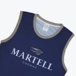 Close-up of a navy blue sleeveless shirt with khaki collar and armhole trim, featuring the white Martell Cognac logo and gold bird emblem.