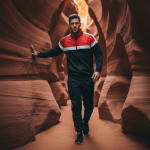 A man in a black, red, and white tracksuit walks through a narrow, wavy sandstone slot canyon with warm light filtering from above.