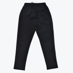 Back view of a pair of black athletic pants with an elastic waistband on a white background.
