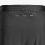 Close-up of the back of black athletic shorts showing a horizontal zippered pocket below the waistband.
