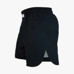 Side view of black athletic boxing shorts with a thick elastic waistband and curved side slits on a white background.