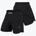 Front and back views of black Addos athletic shorts with a branded waistband and side stripes.
