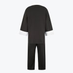 Back view of a black martial arts uniform with white cuffs on the sleeves and matching black pants, displayed against a plain white background.
