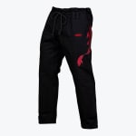Black Addos martial arts gi pants with a red drawstring, red Addos logo, and a large red koi fish embroidery on the left leg.