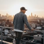 A man in a denim jacket and baseball cap stands on a rooftop, looking out at a city skyline during sunset.