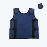 A navy blue Addos training vest with black trim and adjustable velcro straps on the shoulders and sides. An inset circle zoom-in shows the velcro closure detail on the shoulder.
