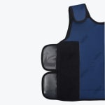 Close-up of a blue Addos weighted vest showing the black velcro side straps and repeating logo pattern on a white background.