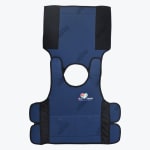 A flat lay view of a navy blue weighted sensory vest with a circular neck cutout, black trim, and the Blue Hearts Spectrum Shop logo on the front.
