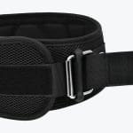 Close-up of a black mesh weightlifting belt featuring a silver metal roller buckle and a thick black nylon strap.