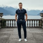 A man in a navy blue polo shirt and matching track pants stands on a stone terrace with a scenic lake and snowy mountains in the background.