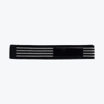 A black elastic support wrap with four horizontal white stripes and a black velcro patch on a white background.