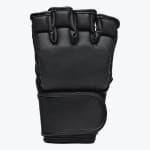 A single black fingerless MMA glove with thick knuckle padding and a wide wrist strap, isolated on a white background.