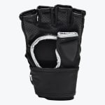 Palm side of a black fingerless MMA glove with silver trim around the open palm area, set against a white background.