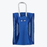 A blue padded hanging strap with a silver metal carabiner attached to the top loop, set against a plain white background.