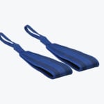 A pair of blue fabric weightlifting wrist straps with loops, displayed on a plain white background.