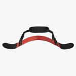 A red metal arm blaster with black padded elbow rests and an adjustable black neck strap, shown against a plain white background.