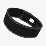 A thick black leather weightlifting belt with white double stitching, displayed in a loop against a white background.