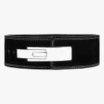 A black suede weightlifting belt with a polished silver lever buckle and white stitching, shown against a solid white background.