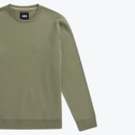 An olive green crewneck sweatshirt with long sleeves and ribbed cuffs, displayed against a white background.