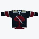 Front view of a black hockey jersey with a red mushroom cloud logo and BOMBERS text, laid flat on a white background.