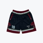 Black athletic shorts with red and gold accents, featuring the number 18, a Bombers logo, and mushroom cloud graphics on the sides.