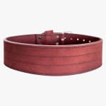 A thick maroon leather weightlifting belt with horizontal stitching, looped into a circle on a white background.